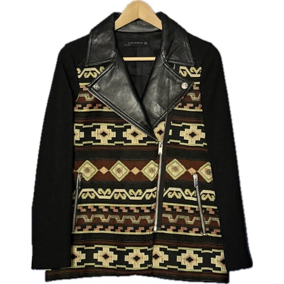 ZARA WOMAN LEATHER WOOL BLACK MOTORCYCLE MOTO JACKET EMBROIDERED TRIBAL SZ S - Picture 1 of 3